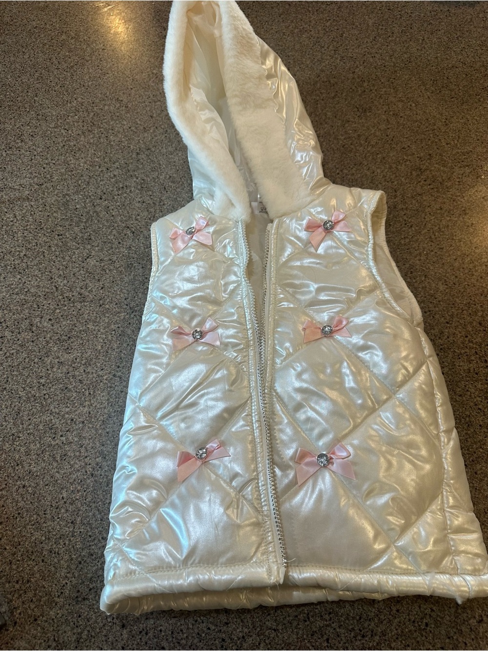 Little Lass Pearl White Quilted Hooded Vest with Pink Logo